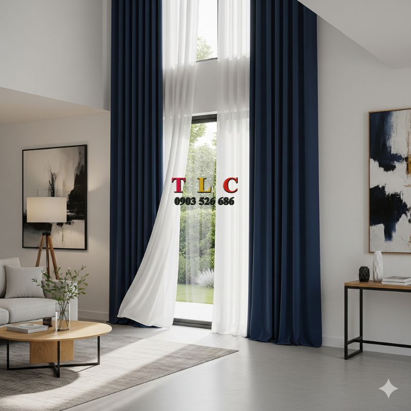 ngân sách rèm cửa cao cho căn biệt thự phong cách hiện đại với rèm vải 2 lớp cao cấp